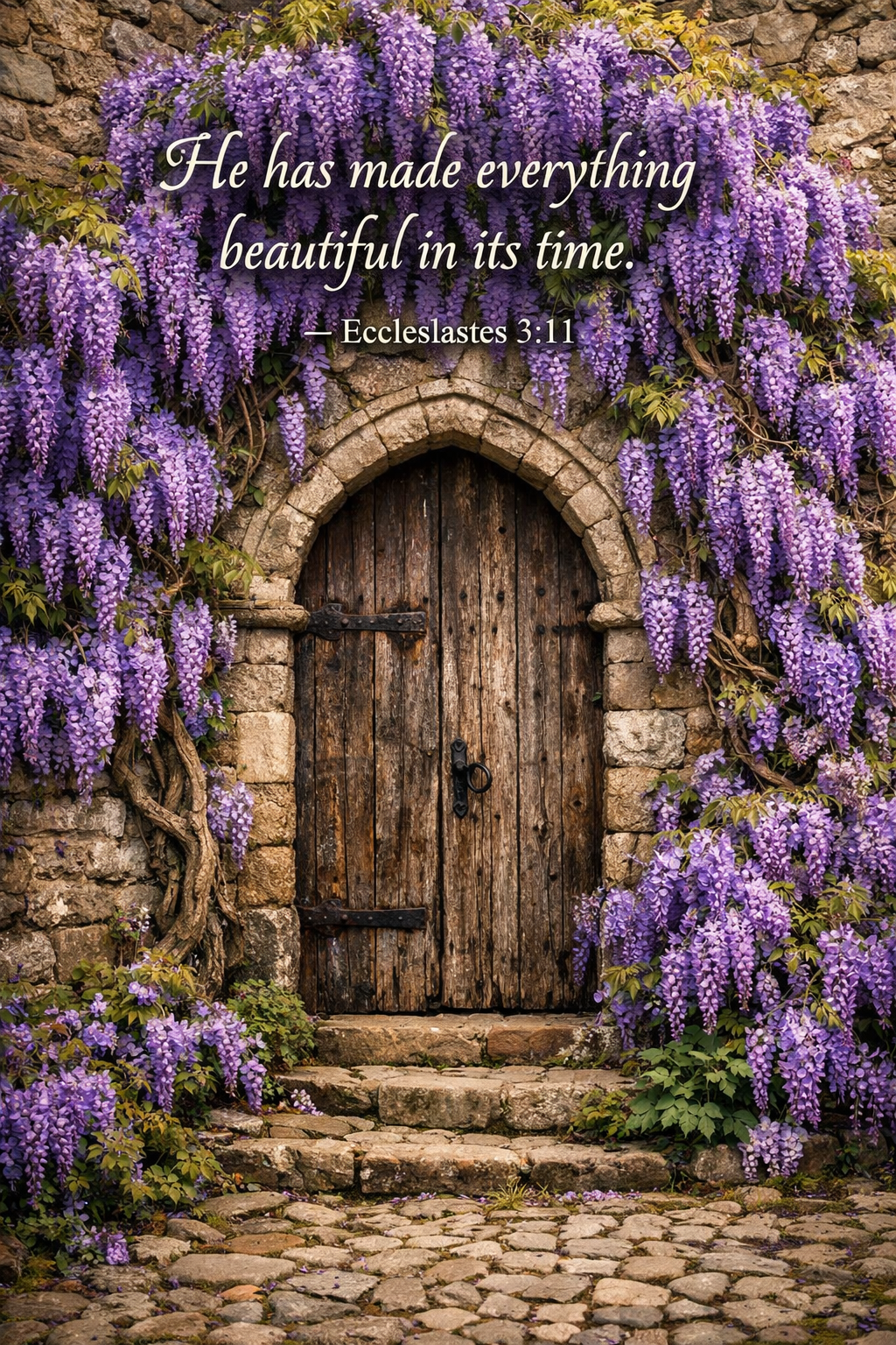 Old weathered wooden door of chapel completely covered in climbing wisteria full purple bloom ancient stone walls cobblestone -- Ecclesiastes 3:11 vertical wallpaper